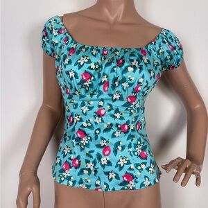 Pinup Couture Blue Peasant top pink lemons flowers
